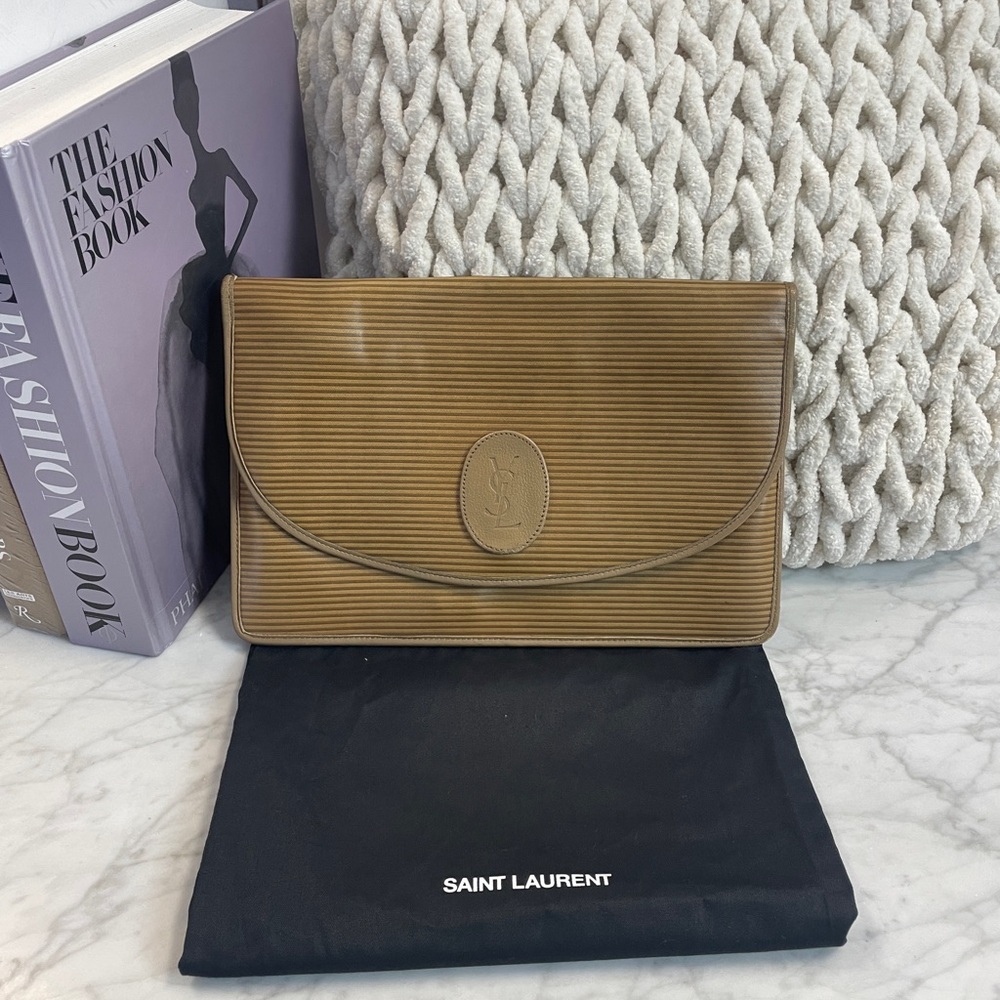 Saint Laurent Olive Brown Ribbed Leather Envelope Clutch